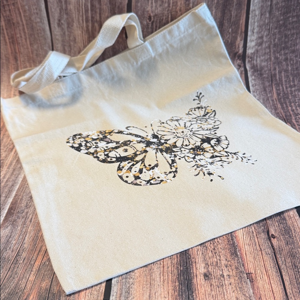 NEW White 14”x15” Canvas Tote Bag with Butterfly Design Item #PHK5915